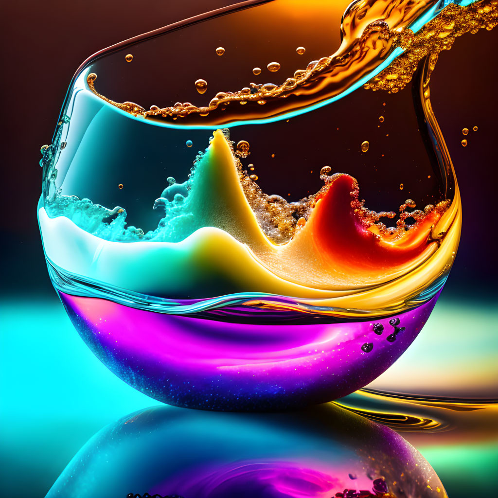 Colorful liquid splashing in glass tumbler on gradient background