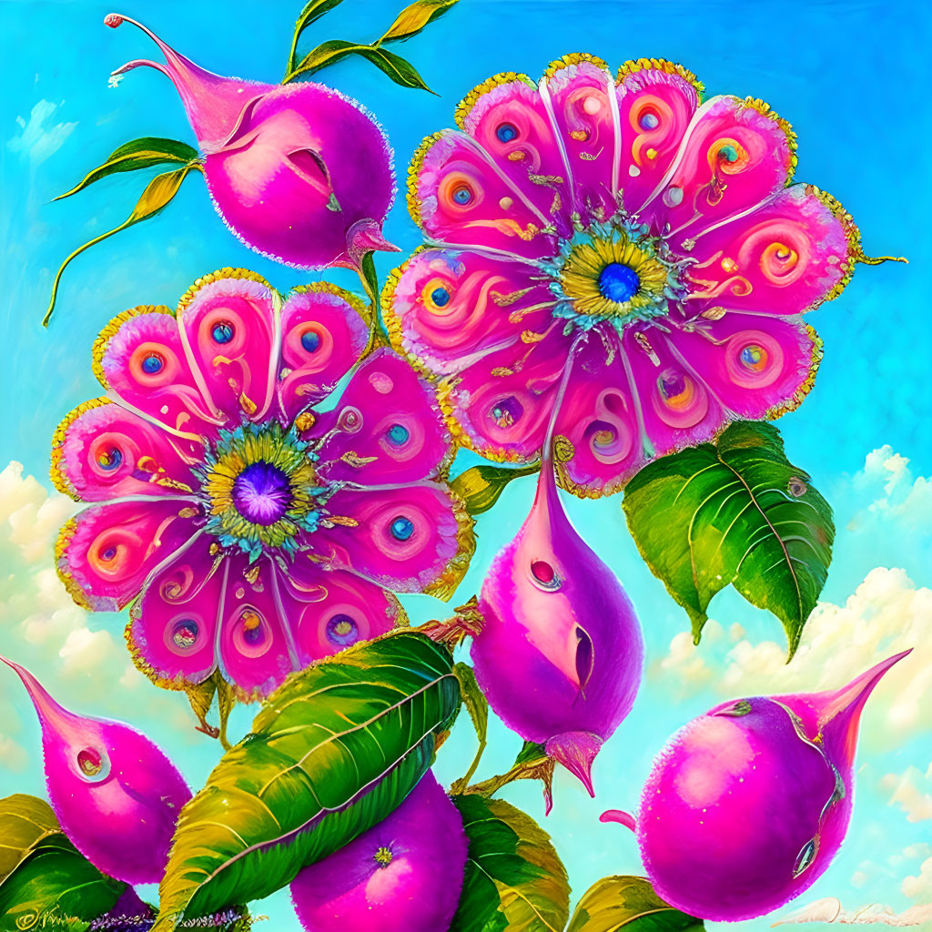 Colorful surreal art: Pink flowers against blue sky