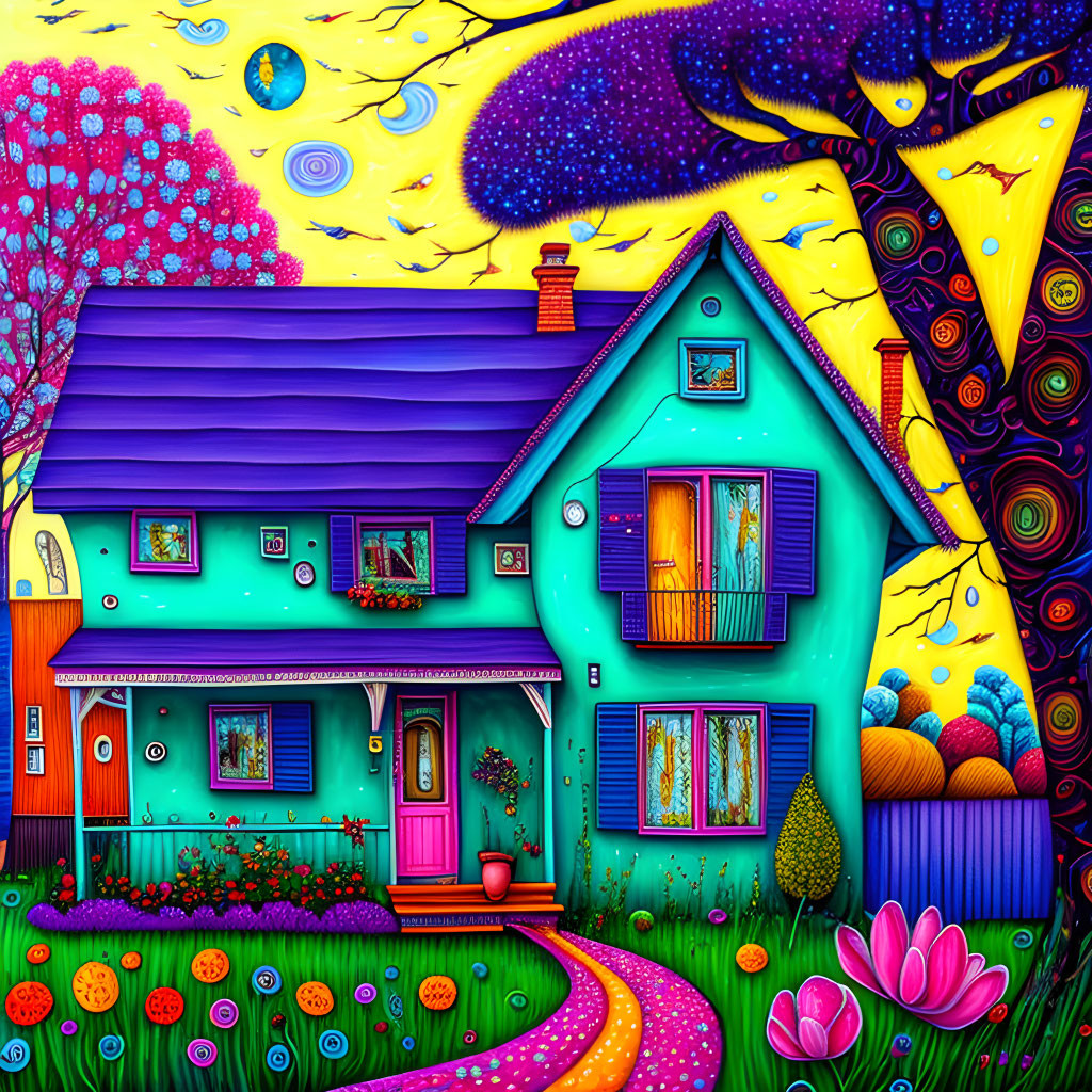 Colorful Fantasy Cottage Surrounded by Floral Landscape