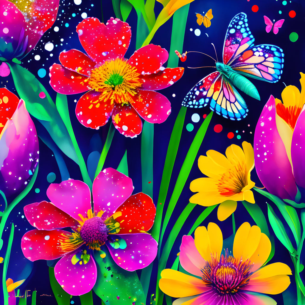 Colorful Flowers and Butterflies in Digital Art with Blue Background