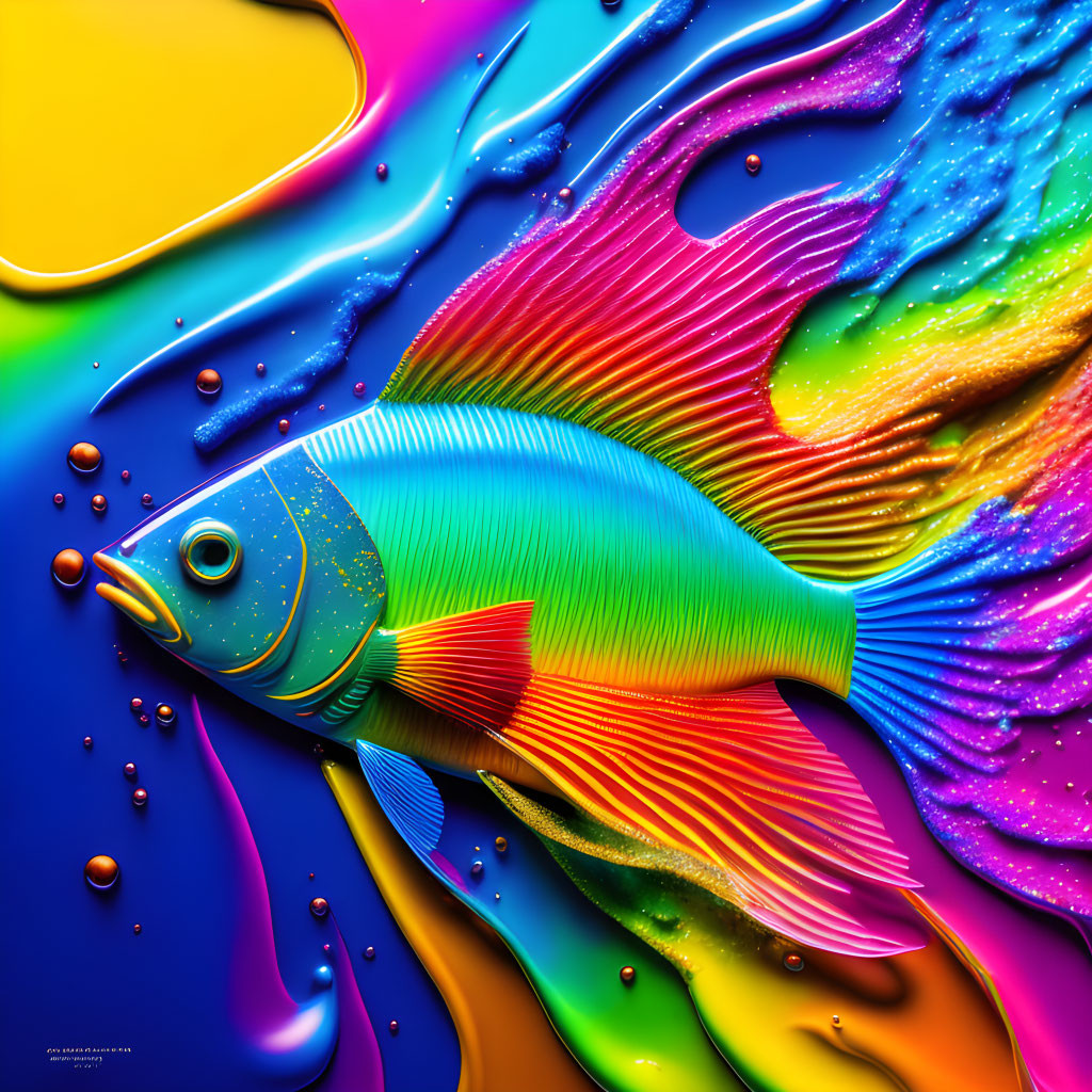 Colorful digital artwork featuring a rainbow fish in swirling liquid