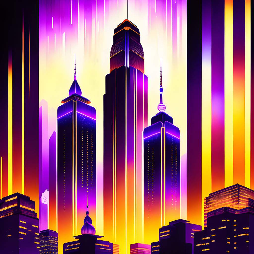 Neon-lit futuristic cityscape with towering skyscrapers