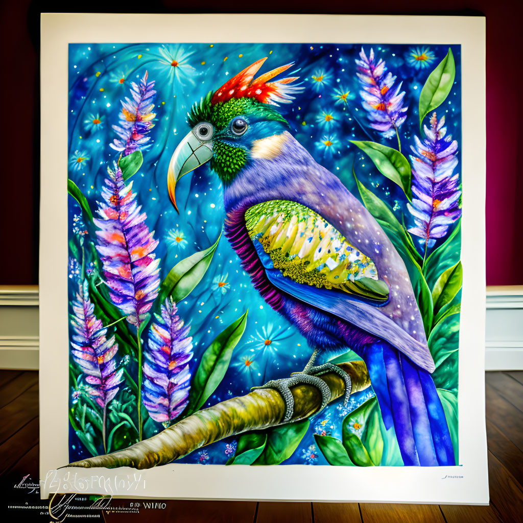 Colorful mythical bird in starry foliage and flowers on white frame