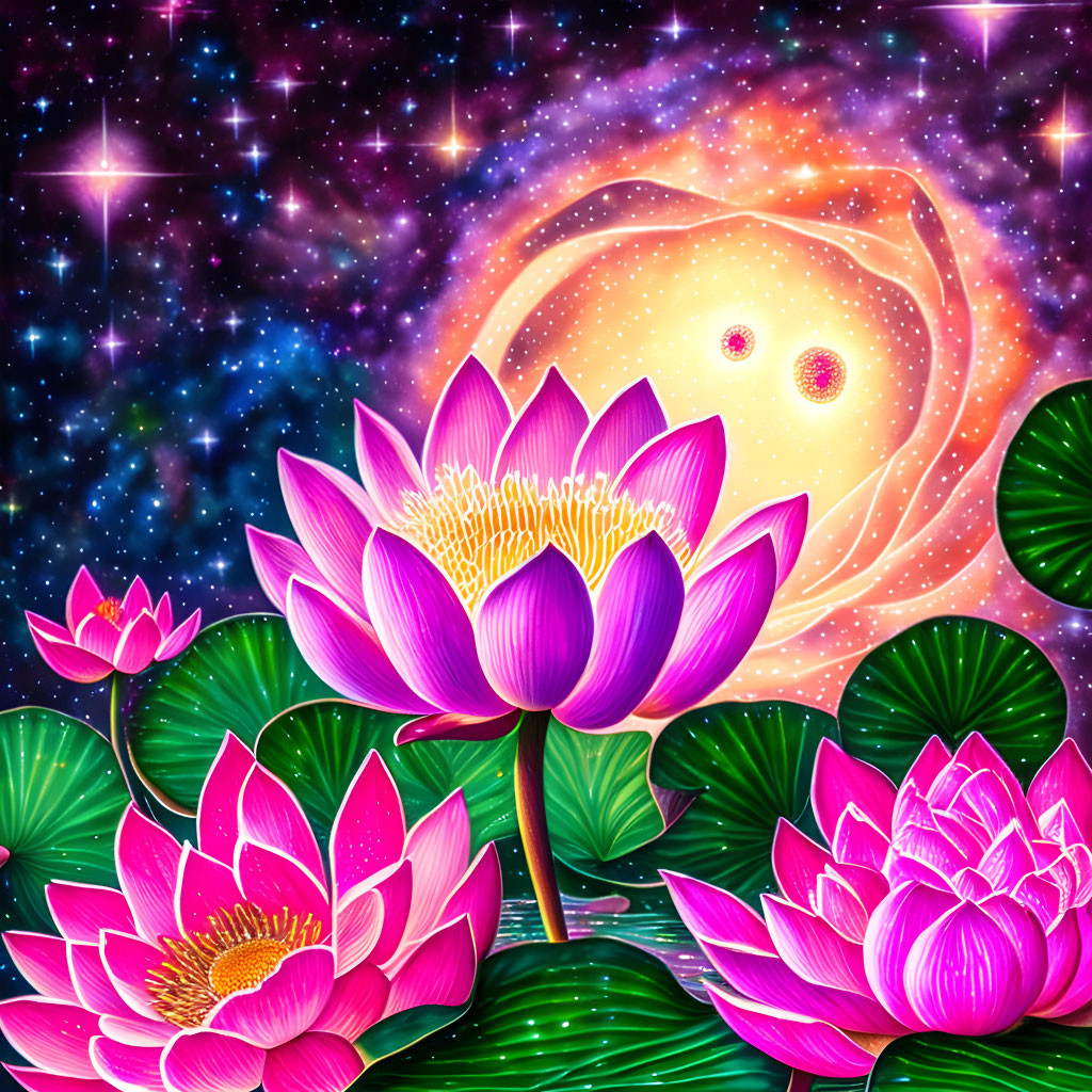 Digital Art: Pink and Purple Lotus Flowers in Cosmic Setting