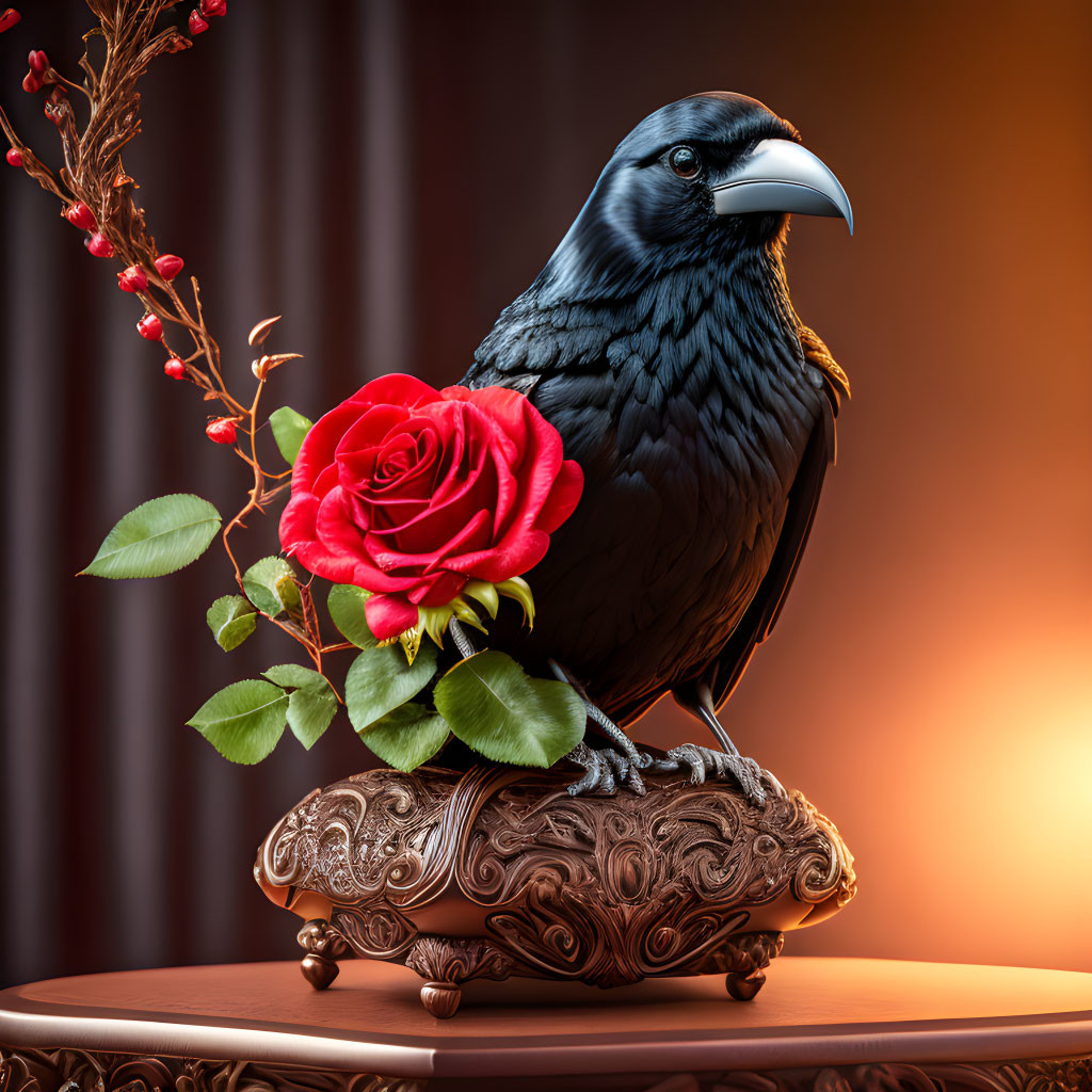 Black Raven on Ornate Object with Red Rose and Berries Against Warm Background