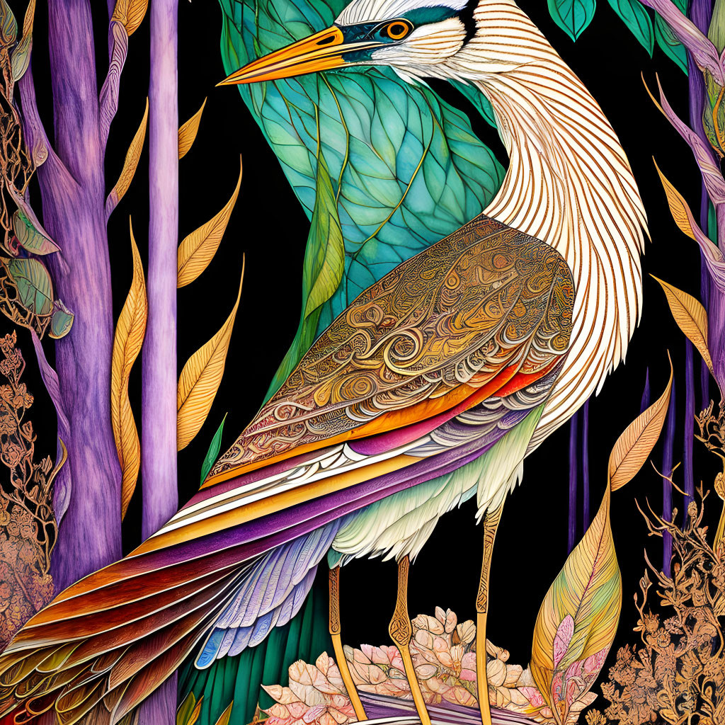 Detailed Heron Illustration Among Stylized Plants in Vibrant Colors