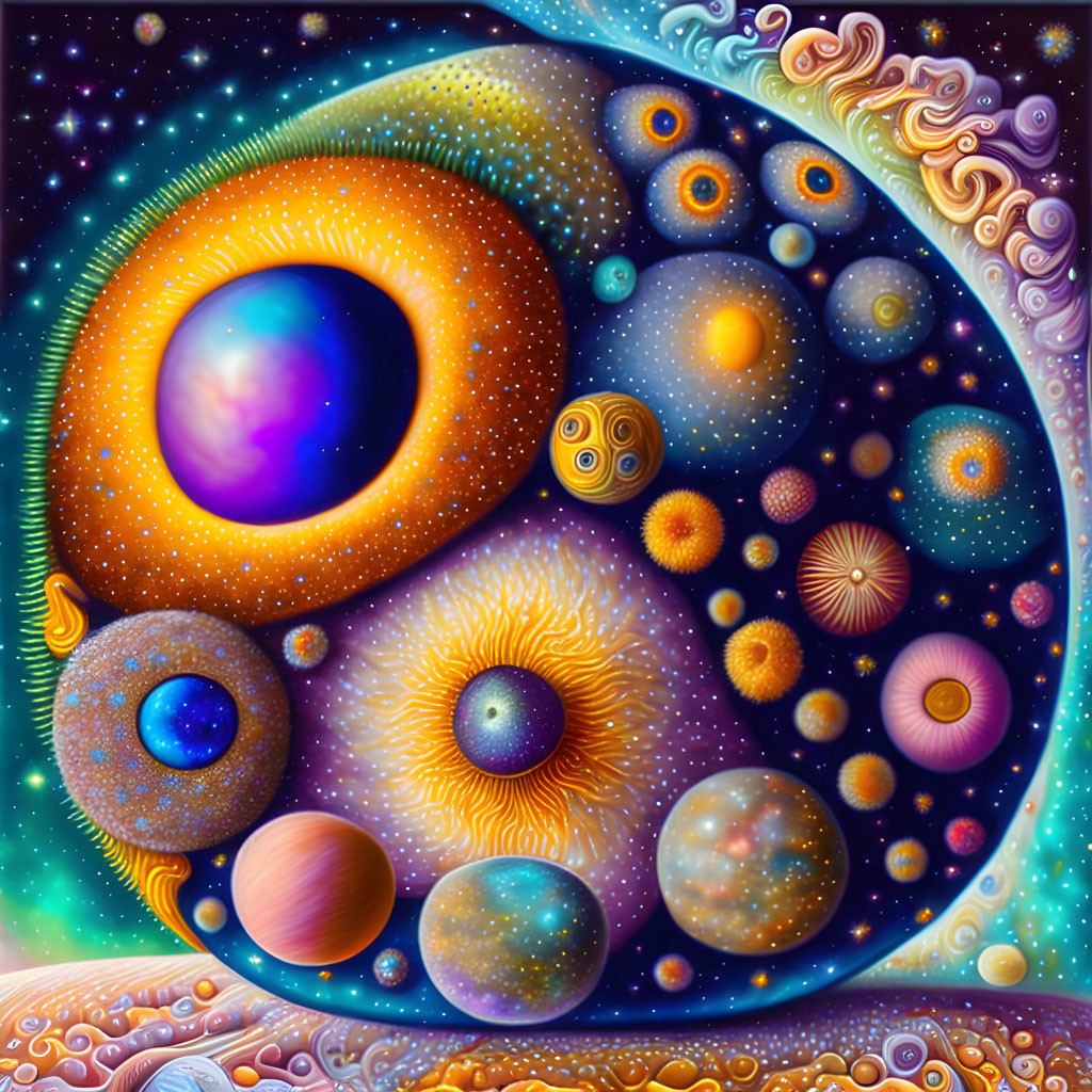 Colorful cosmic painting with celestial bodies and crescent shape.