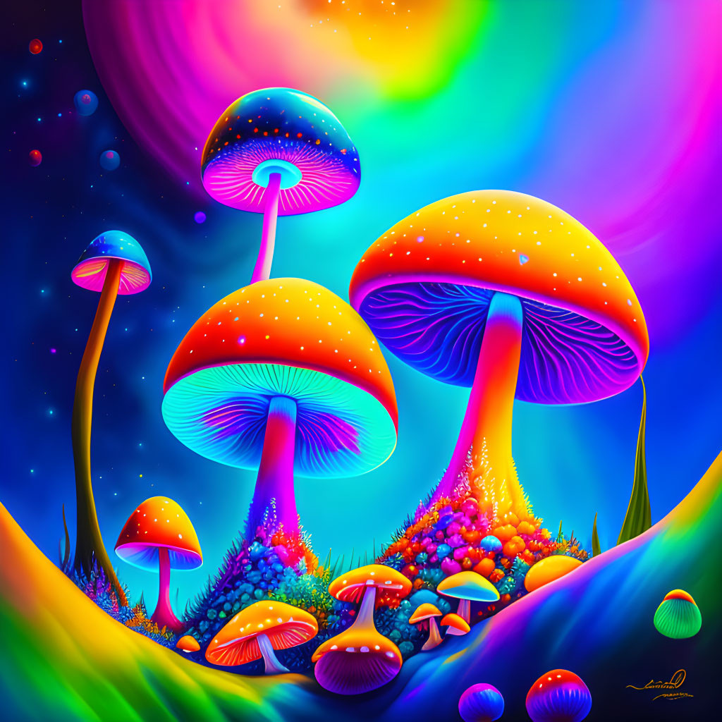 Colorful neon mushrooms in fantasy landscape under starry sky