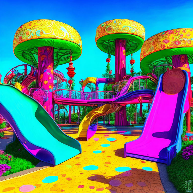 Colorful Mushroom-Shaped Playground with Slides and Ornate Details