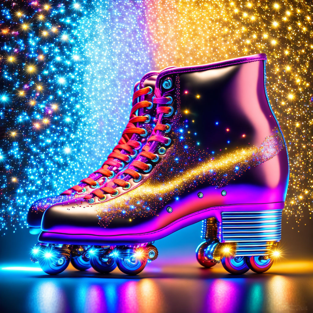 Vibrant retro roller skate on glittering bokeh background