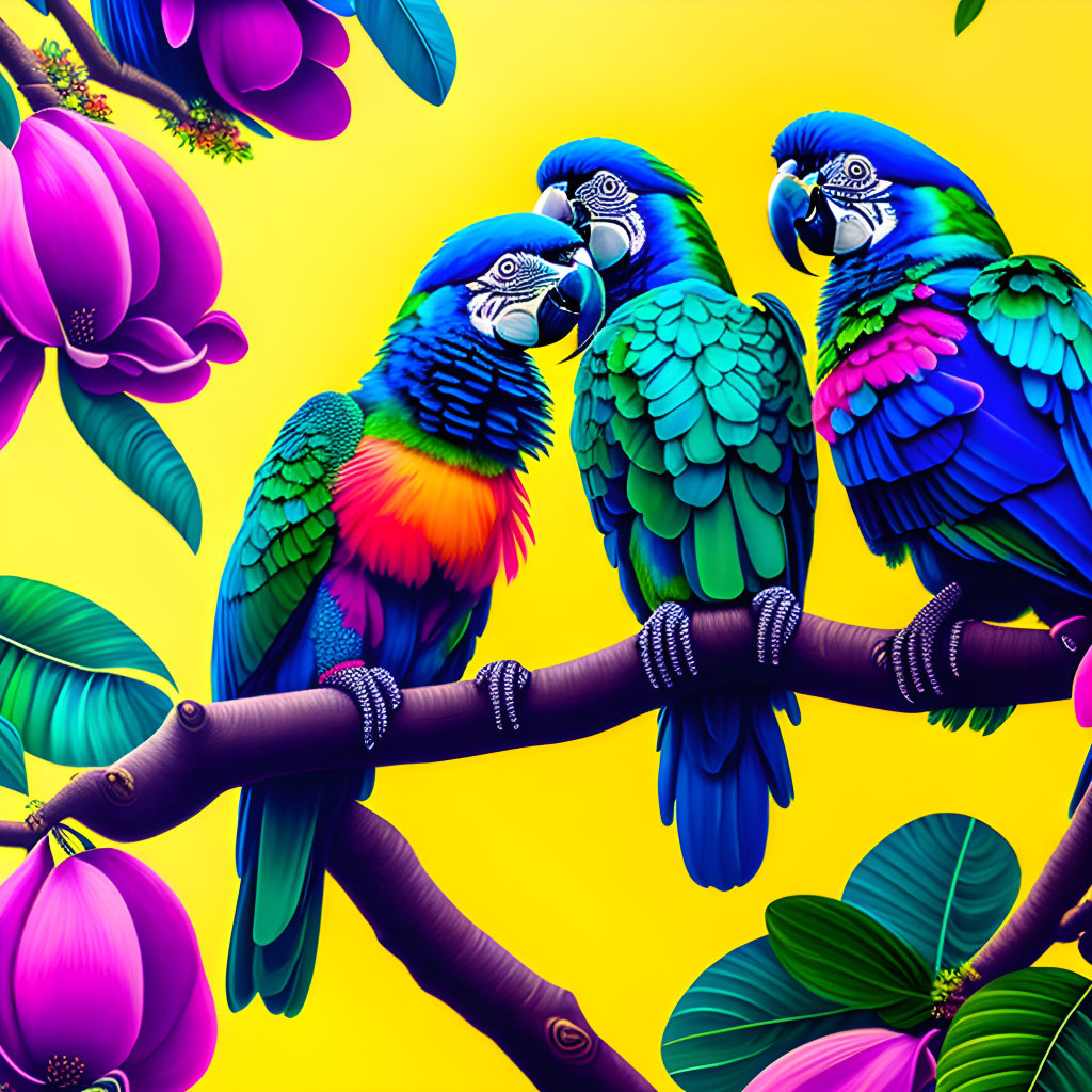 Colorful Macaws Perched on Branch with Purple Flowers in Vibrant Illustration