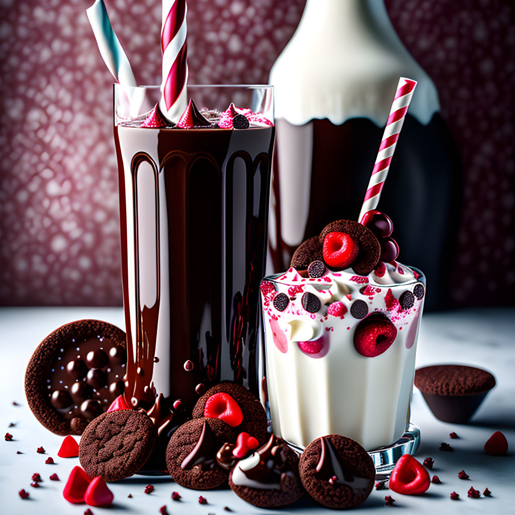 Decadent Chocolate and Vanilla Milkshakes with Whipped Cream and Candy Hearts