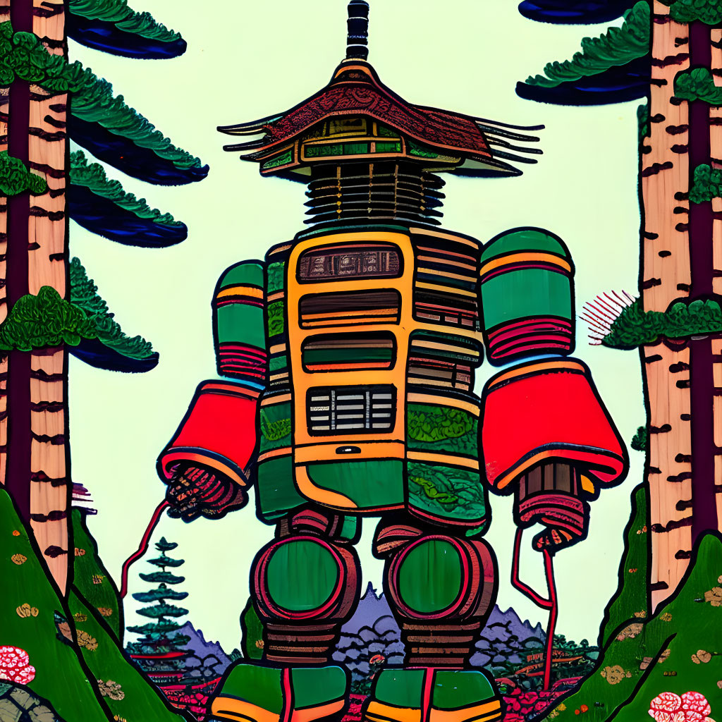 Colorful Pagoda-Style Robot in Stylized Forest Setting