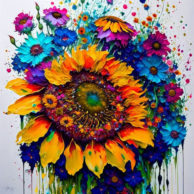 Colorful Flower Painting with Dominant Sunflower and Paint Splashes