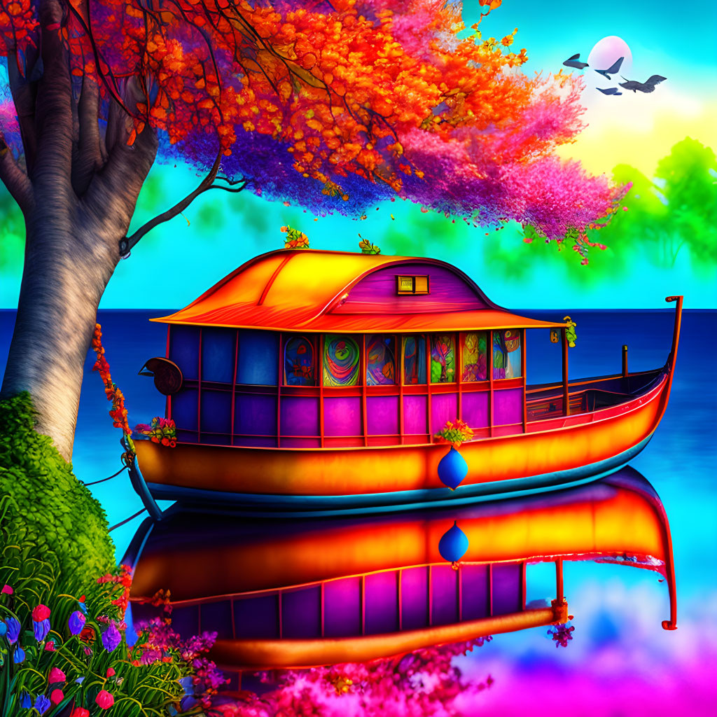 Colorful houseboat under pink blossoming tree by river with surreal sunset sky