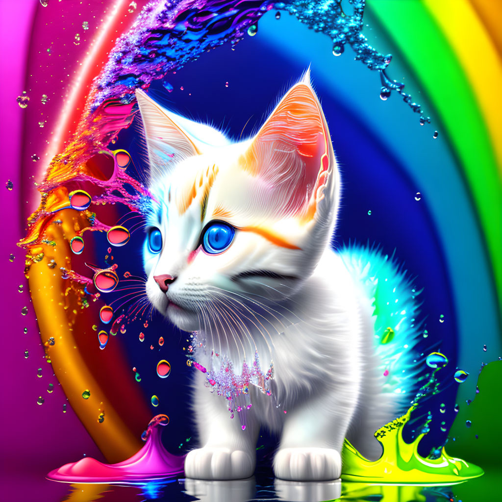 White Kitten with Blue Eyes on Colorful Background with Splashing Liquids & Bubbles