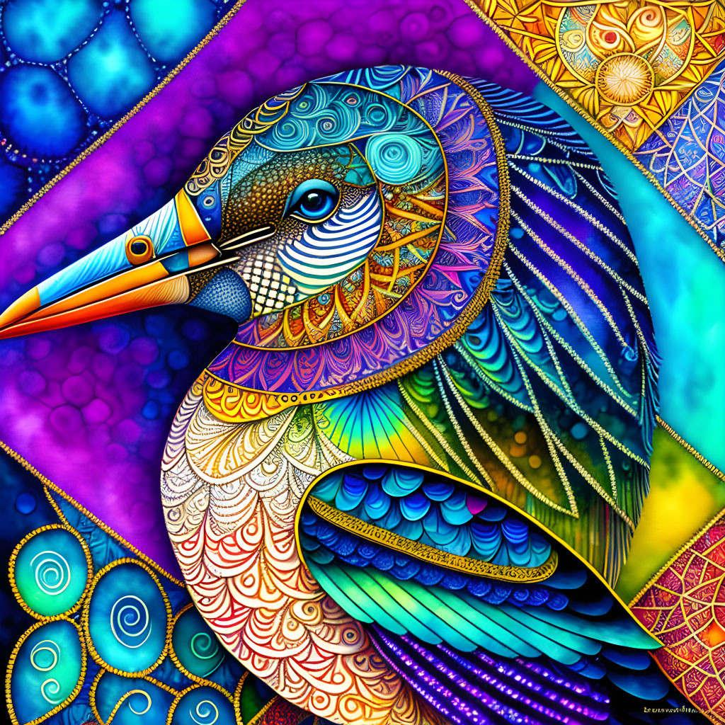 Colorful Digital Artwork: Stylized Bird with Bright Patterns