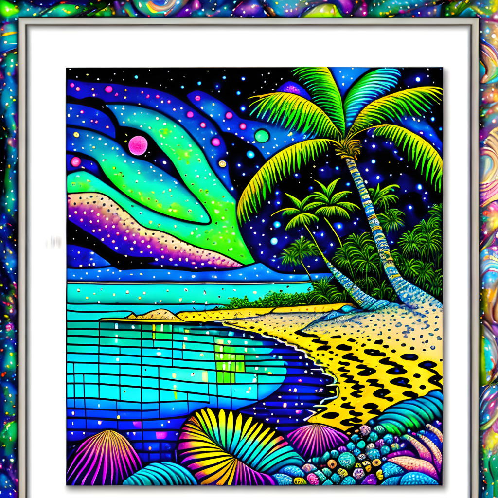 Colorful Beach Night Scene with Palm Trees and Starry Sky