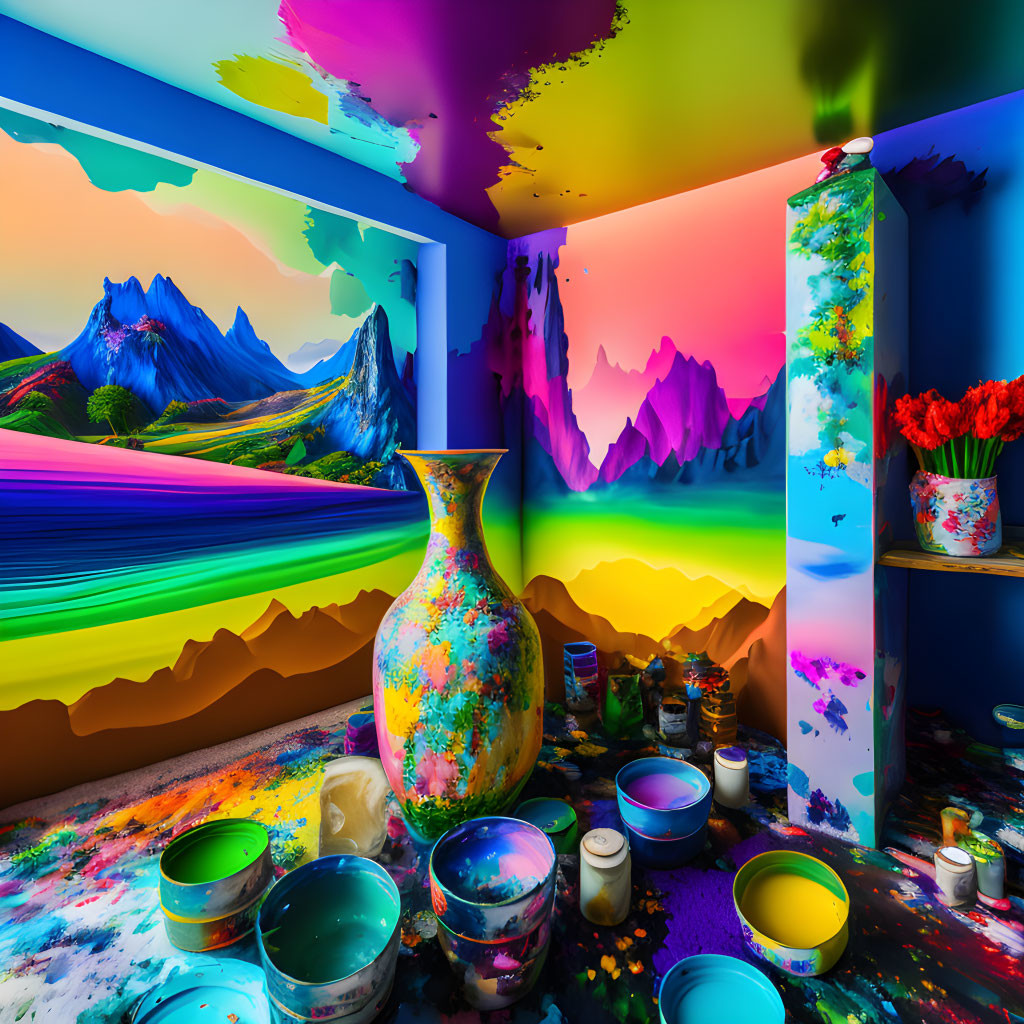 Colorful room with painted mountains, splattered vase, open paint cans, and brushes.