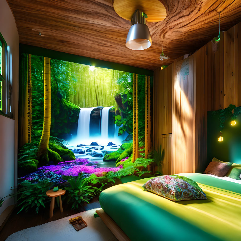 Cozy bedroom with wooden walls and waterfall mural