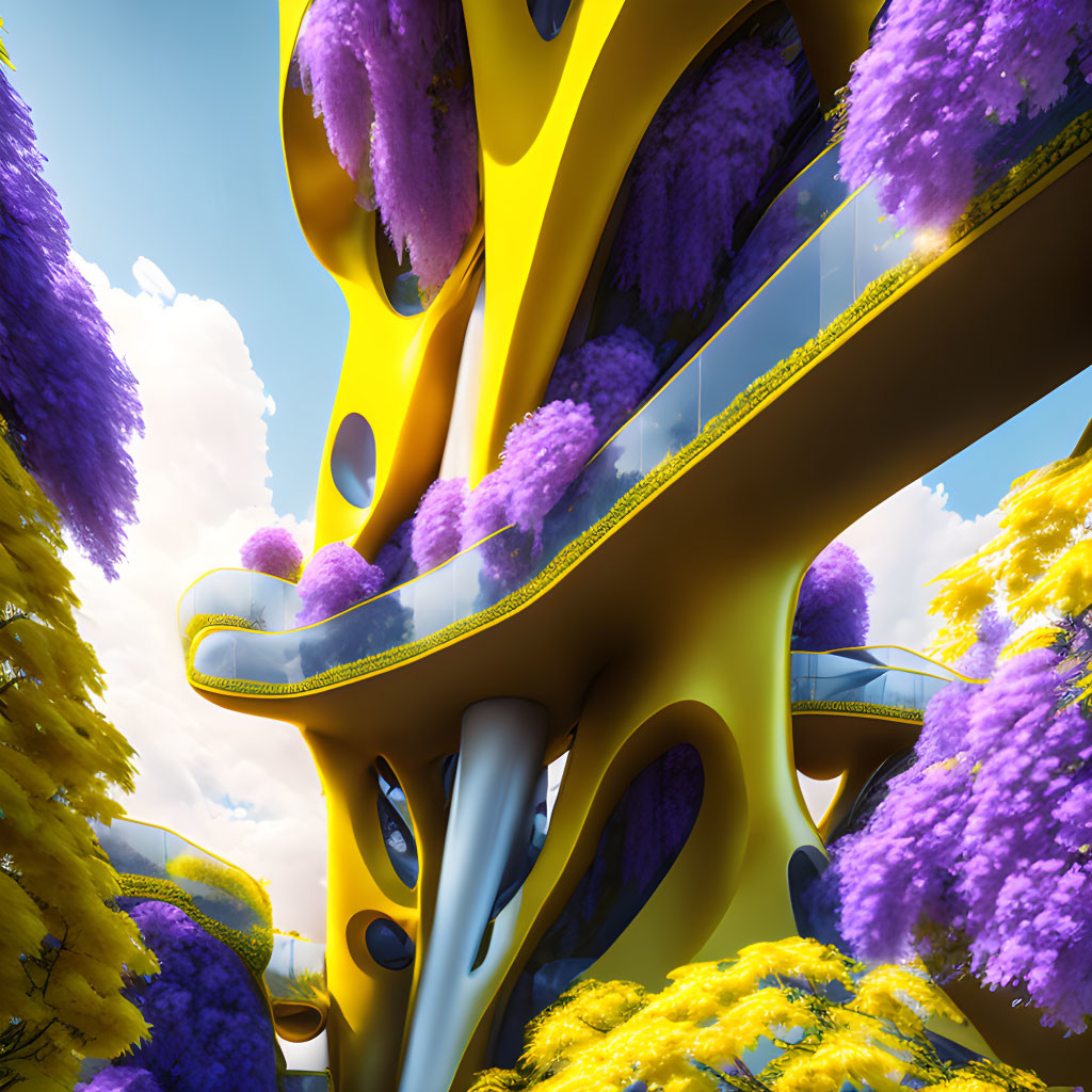 Vibrant surreal landscape with yellow structures, purple trees, and blue sky