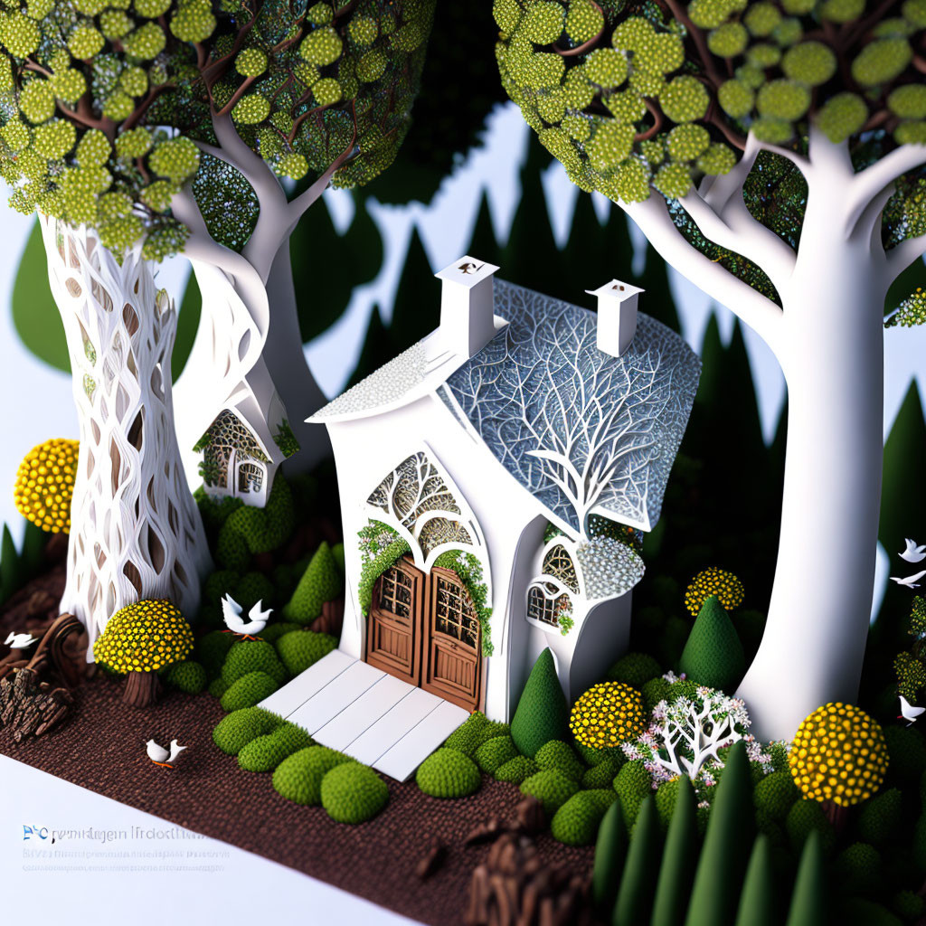 Detailed 3D fairy-tale cottage with whimsical trees and birds