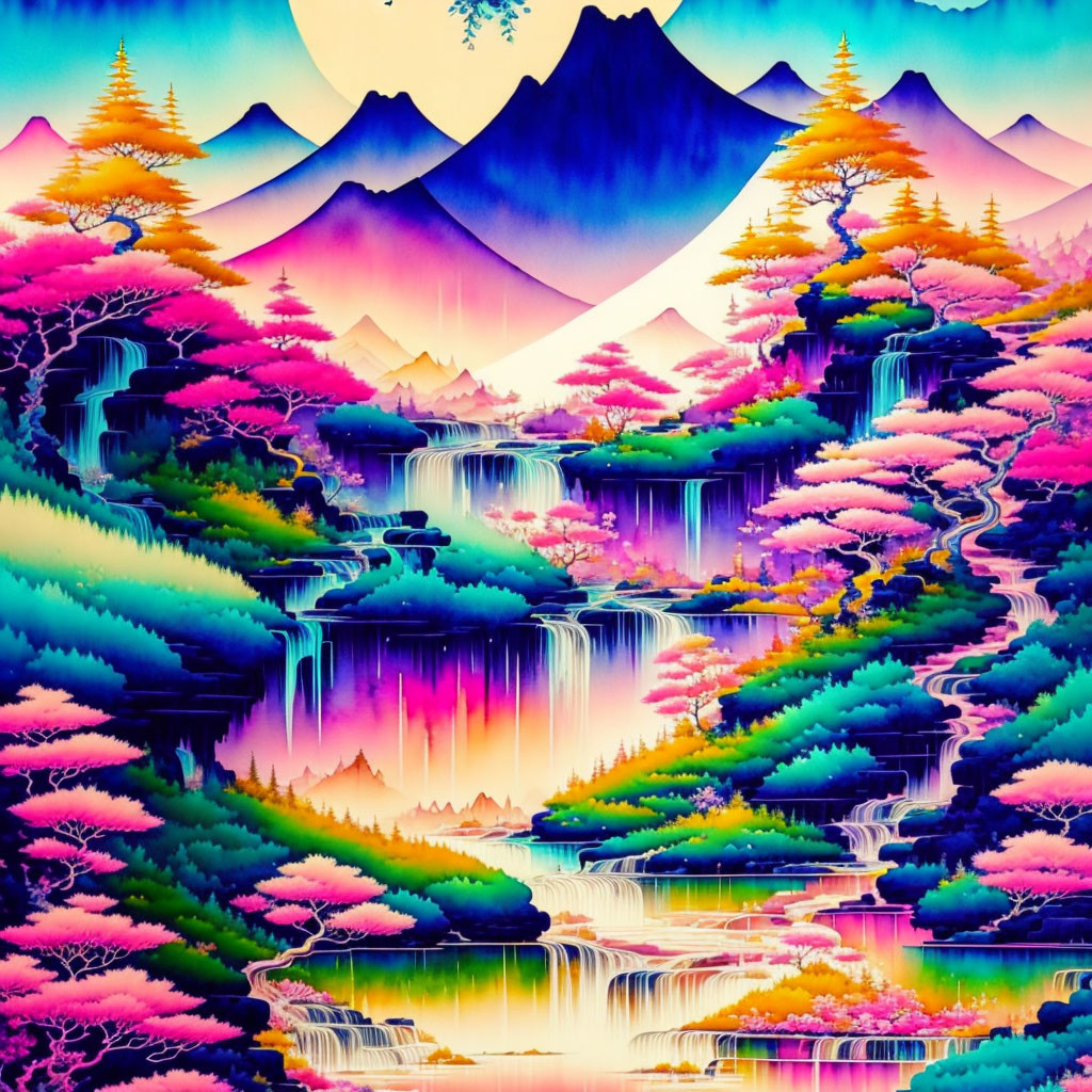 Colorful landscape with mountains, waterfalls, trees, and rivers in purple and pink palette