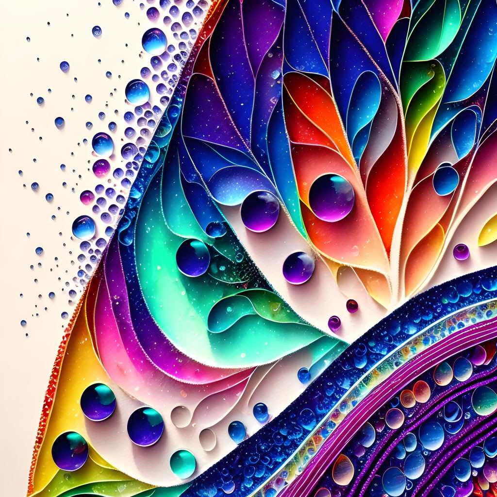 Vibrant leaf pattern with water droplets in colorful digital art