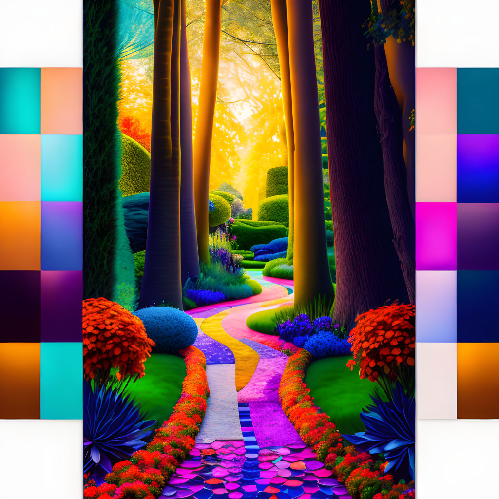 Colorful Geometric Collage with Garden Pathway and Trees