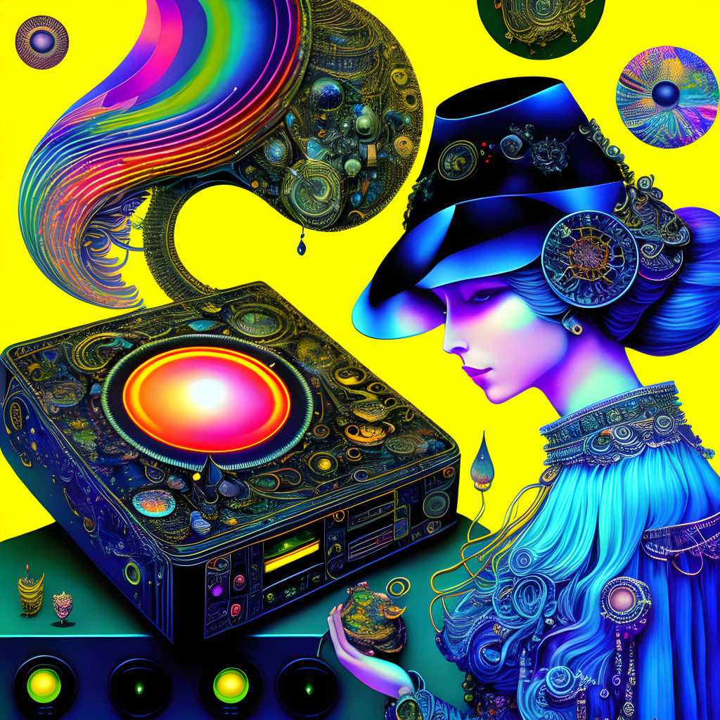 Colorful psychedelic art: stylized woman with hat, intricate jewelry, and glowing mechanical object