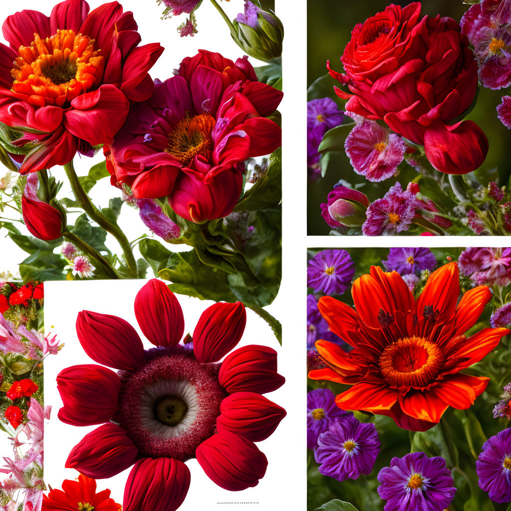 Assorted red and purple flowers in various stages of bloom on white backdrop