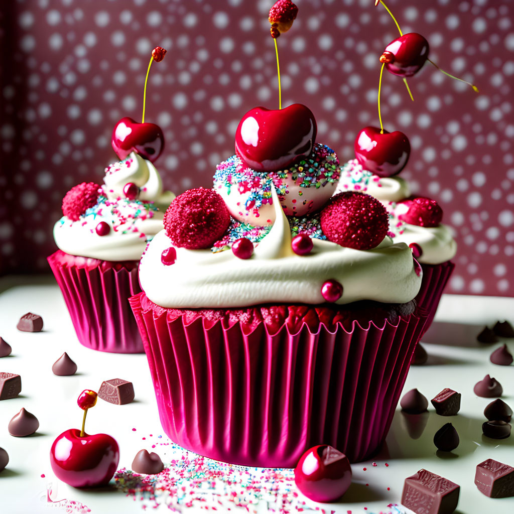 Colorful chocolate cupcake with cherries and sprinkles on polka-dotted background