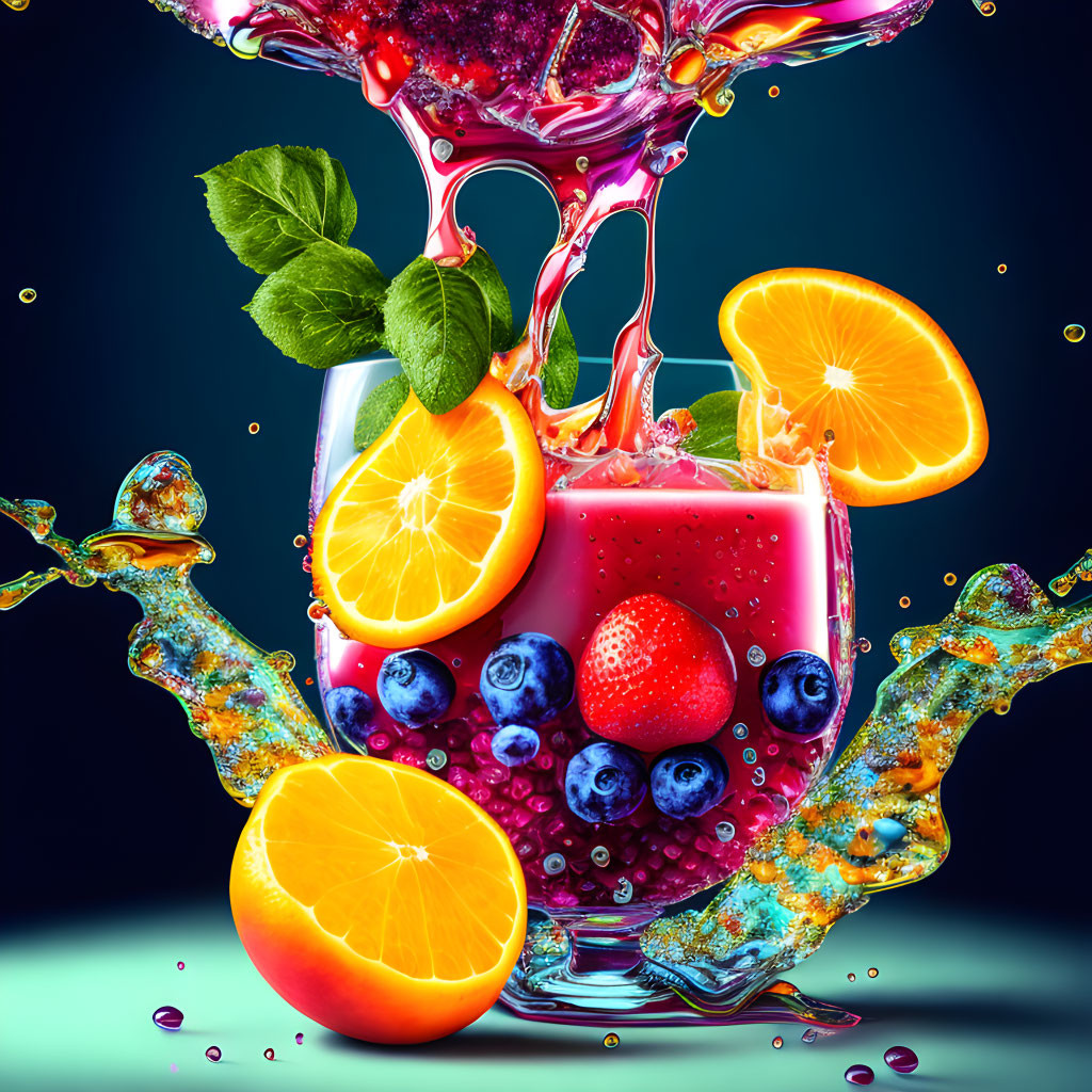 Colorful Fruit Juice Glass with Mint and Blueberries