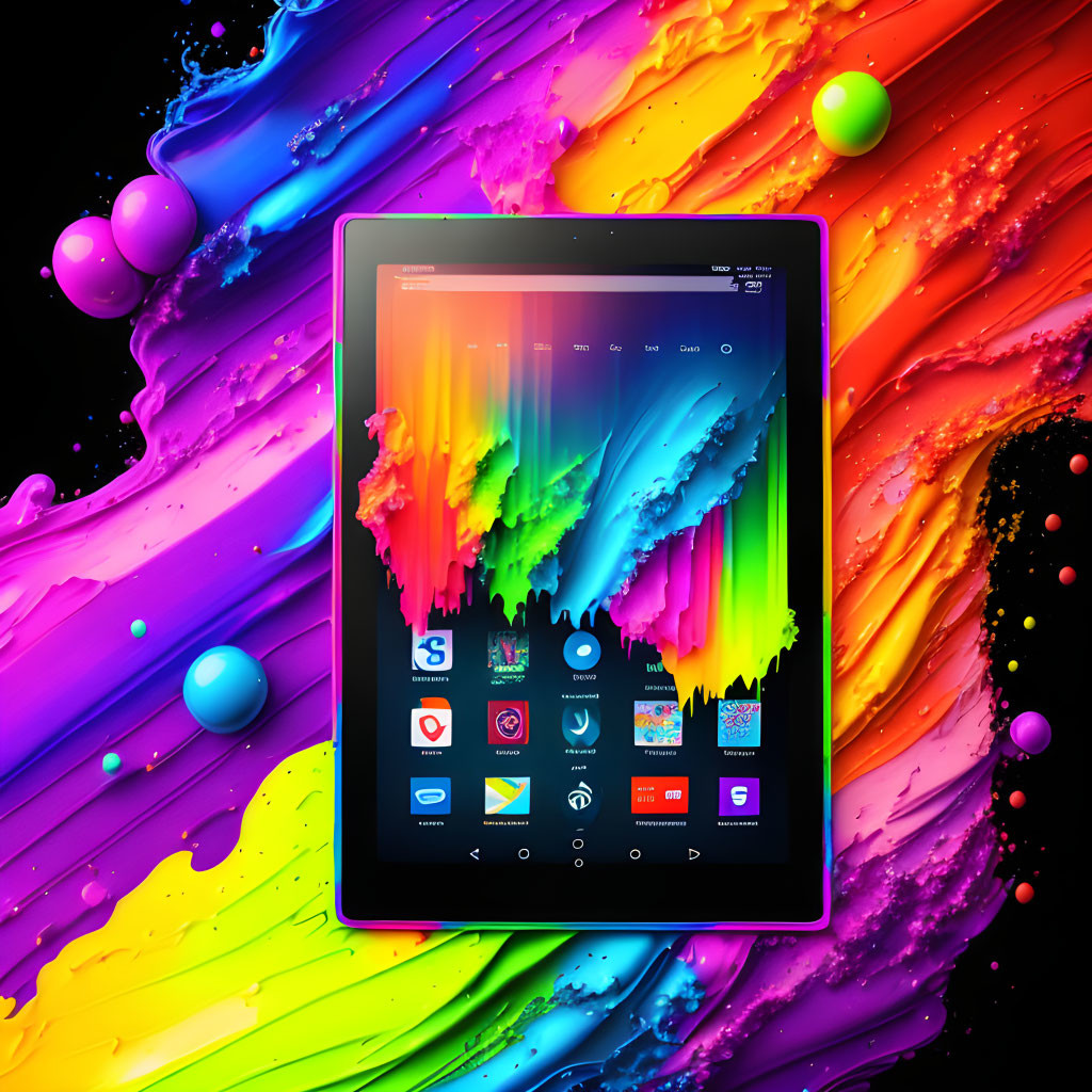 Colorful Paint Splash Surrounds Modern Tablet with Graphics and Icons