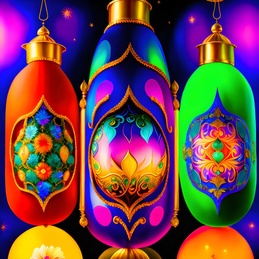 Colorful ornate lanterns against starry night background