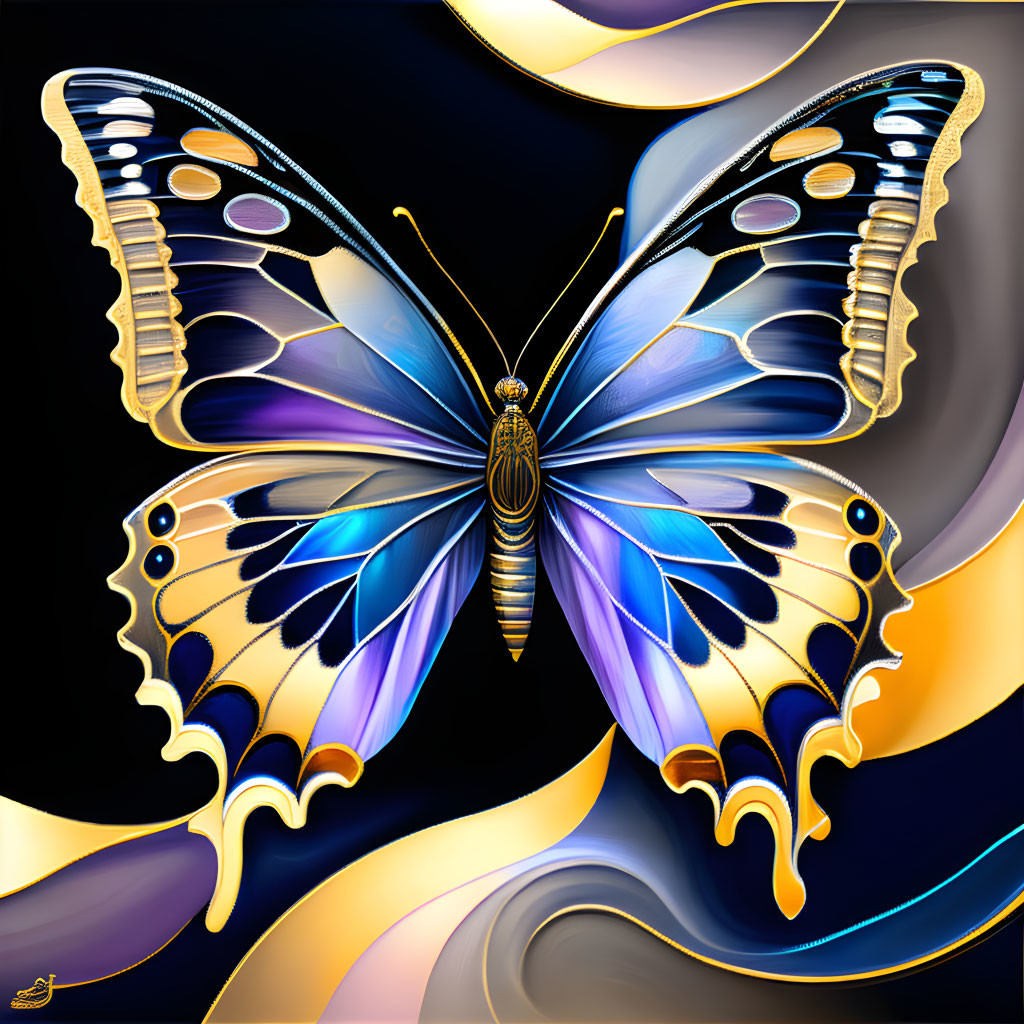 Stylized butterfly with blue and yellow wings on dark background