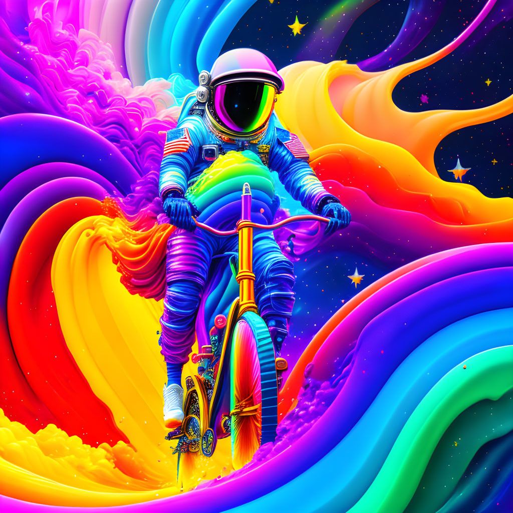 Astronaut on Colorful Bicycle in Space with Rainbow Path