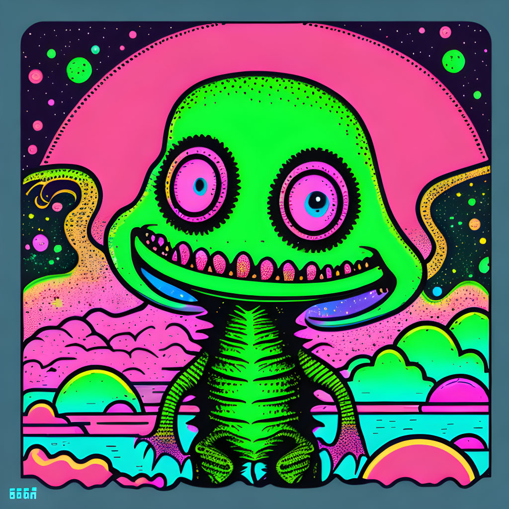 Colorful Alien Illustration with Big Eyes on Psychedelic Background