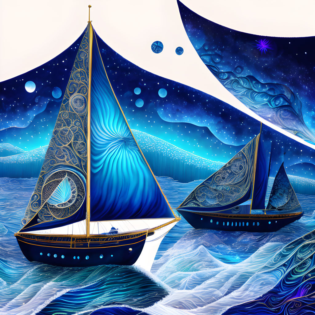 Colorful Sailboats on Surreal Sea with Celestial Sky