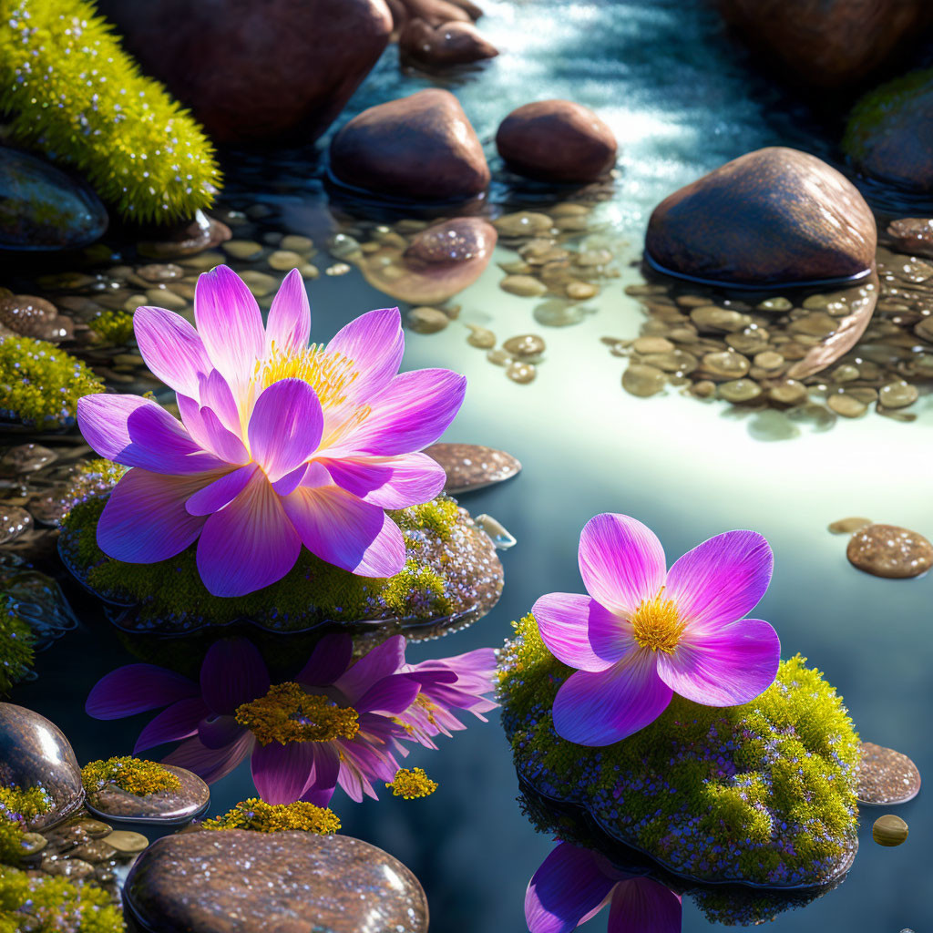 Pink Lotus Flowers Blooming in Serene Pond