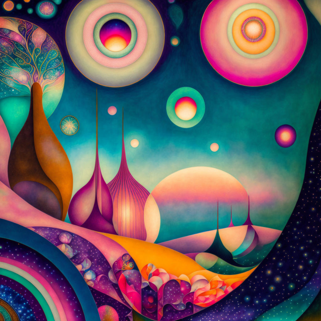 Vibrant surreal landscape with abstract shapes and celestial orbs