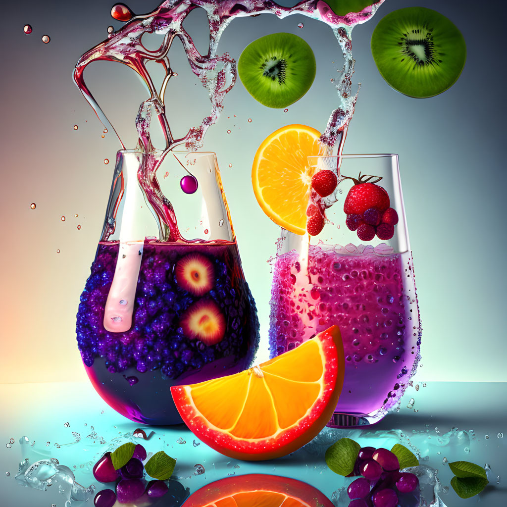 Colorful Fruit Splash in Glasses with Vibrant Background