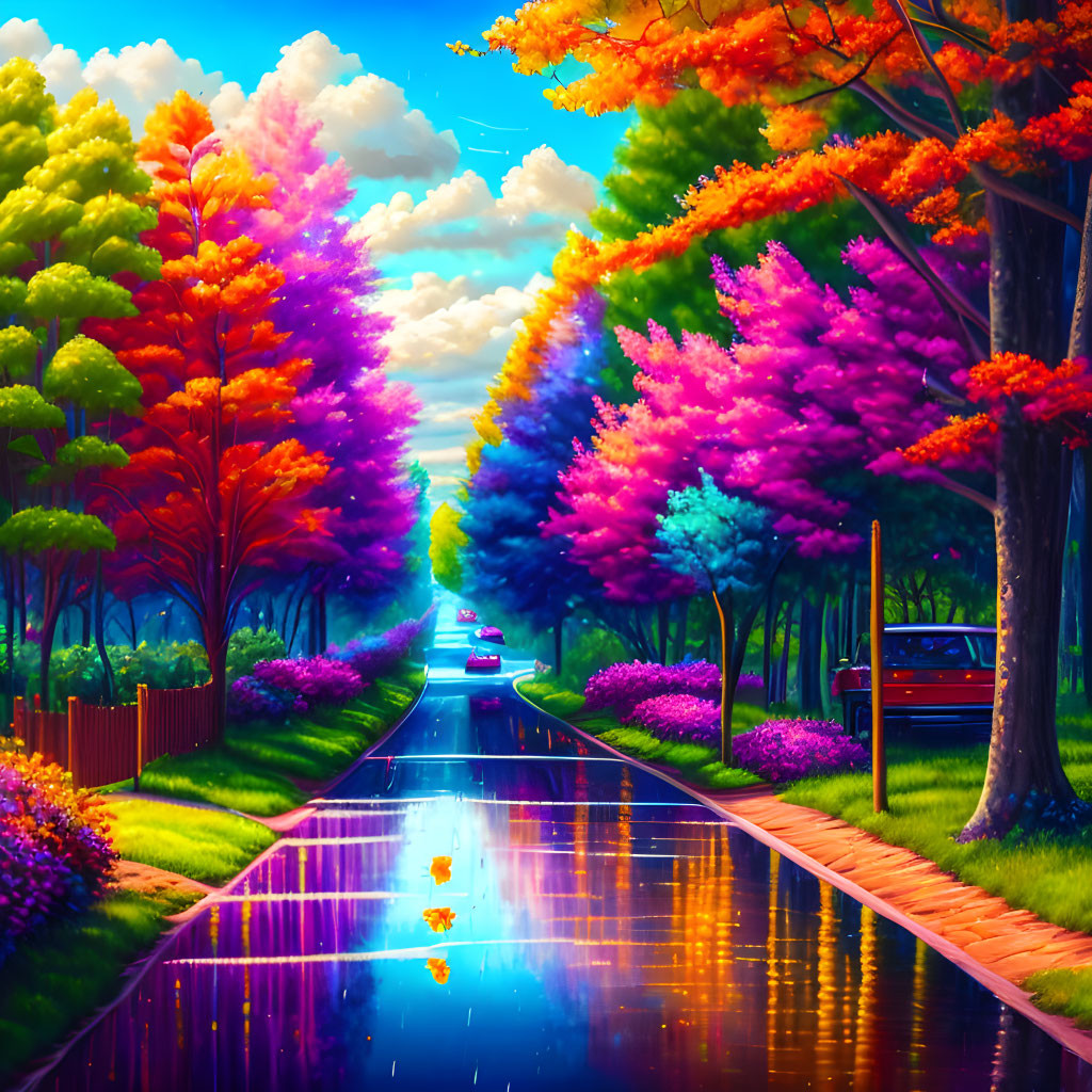 Colorful Illustration: Wet Road, Multicolored Trees, Car Driving Away