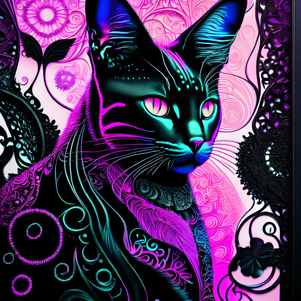 Stylized black cat digital artwork with mandala background