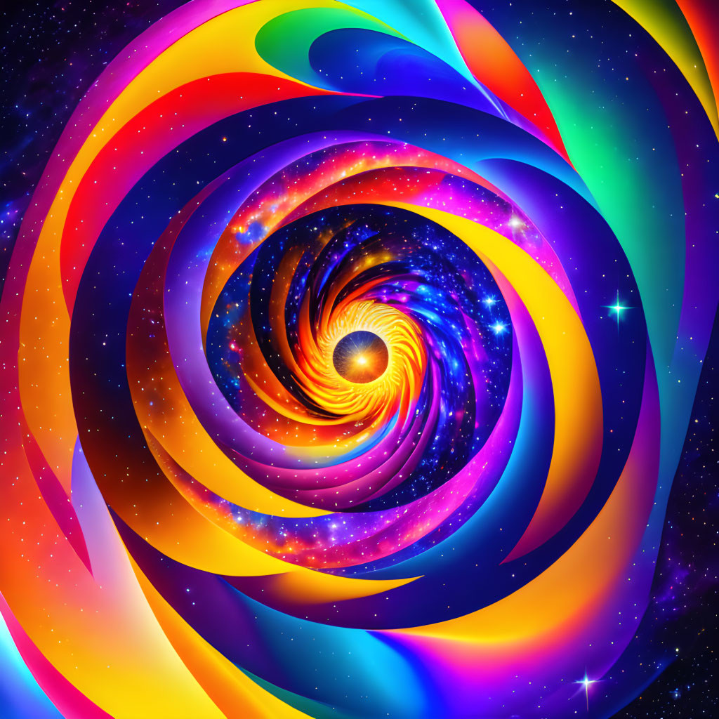 Colorful spiral galaxy art with blue, red, and yellow hues