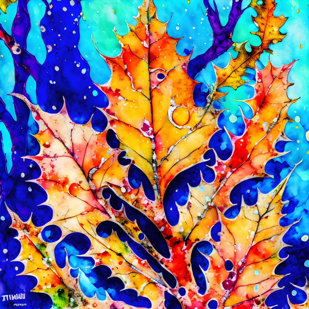 Colorful Watercolor Painting of Autumn Leaves in Blue, Red, Yellow, and Orange