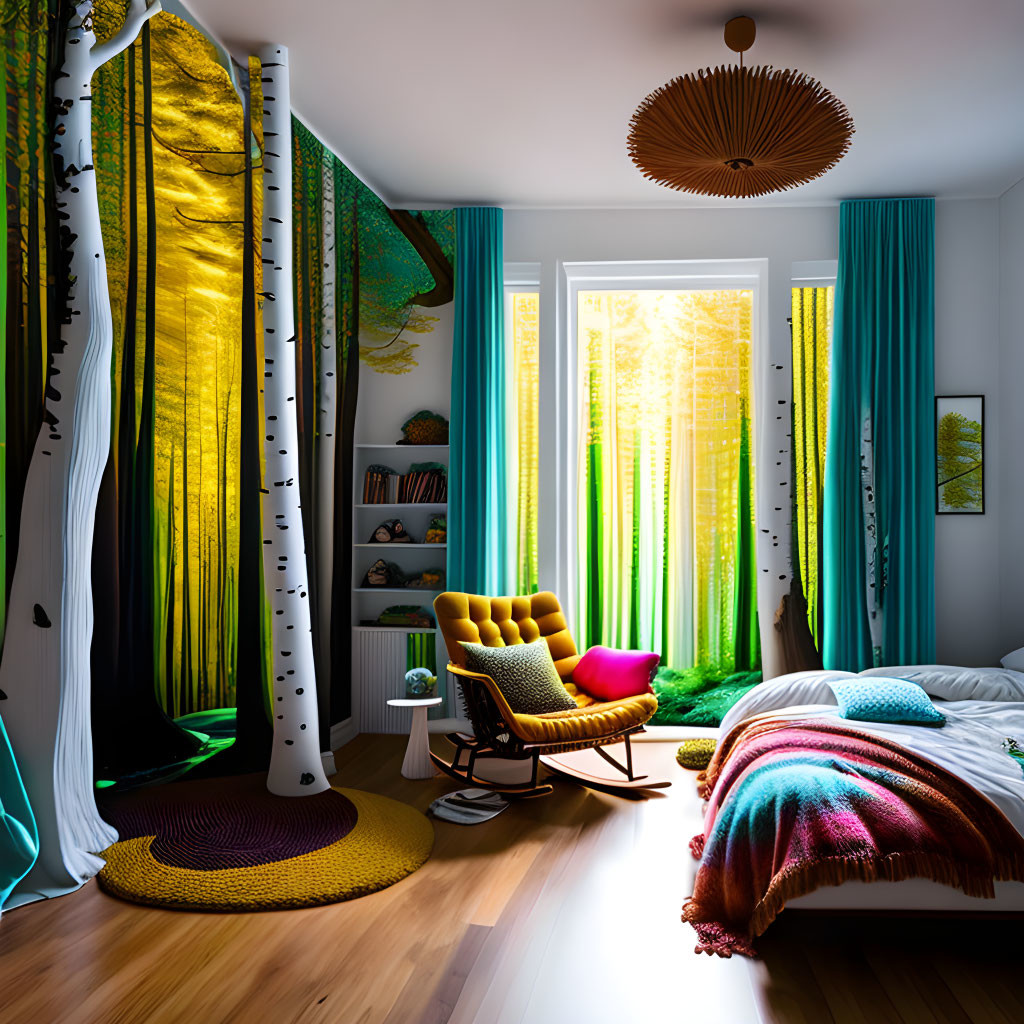 Colorful Eclectic Bedroom with Birch Tree Mural & Vibrant Decor