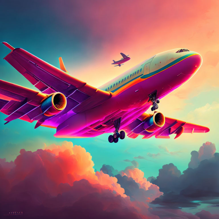 Colorful illustration of two airplanes in a pink and blue sky