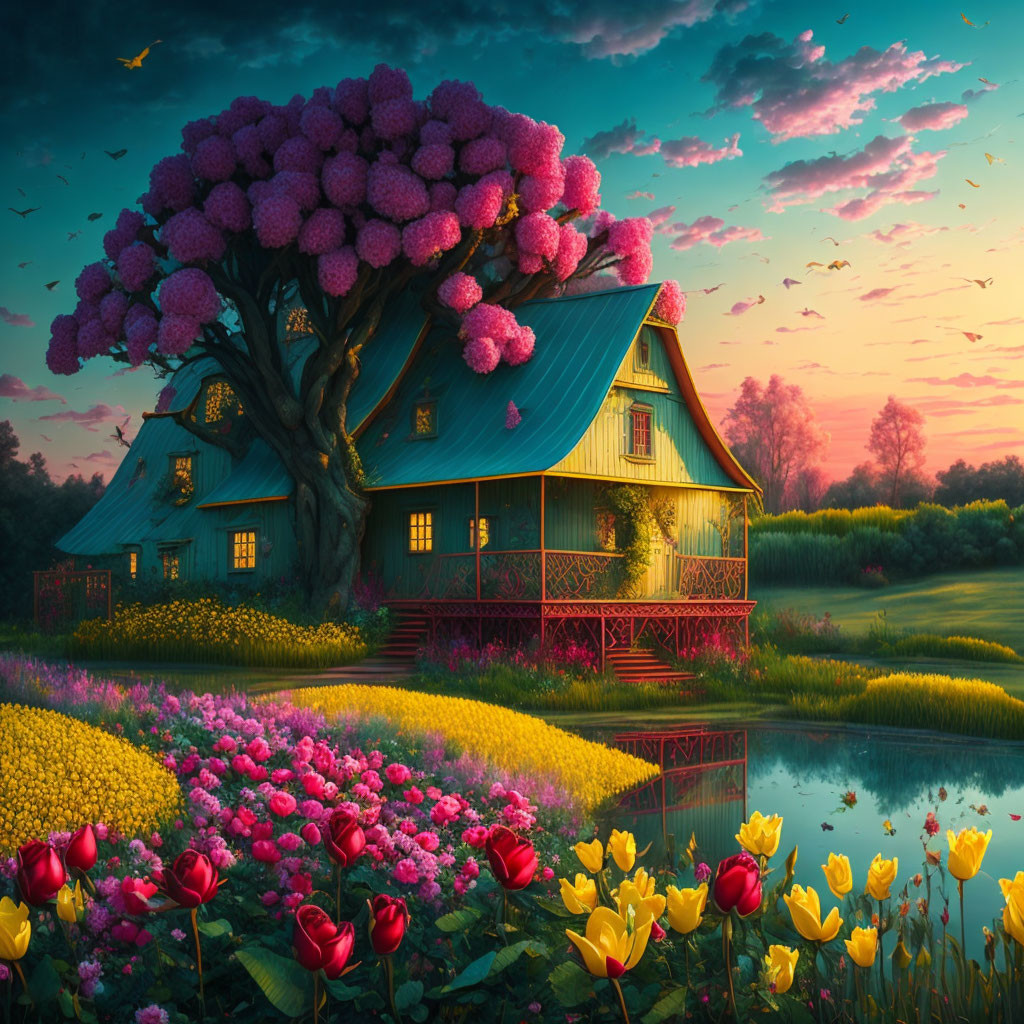 Charming cottage with blooming tree and flower gardens by pond at sunset