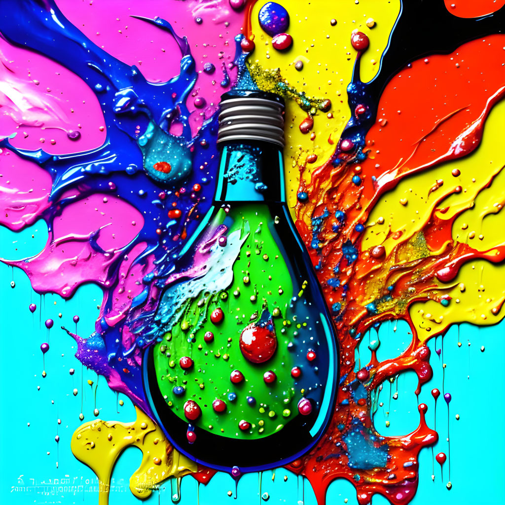 Colorful Light Bulb Silhouette with Rainbow Paint Splash on Black Background